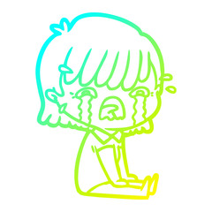 cold gradient line drawing cartoon girl crying