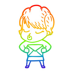 rainbow gradient line drawing cartoon woman with eyes shut