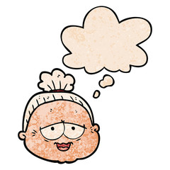 cartoon old lady and thought bubble in grunge texture pattern style