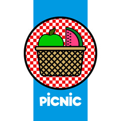 Isolated picnic basket with a watermelon and an apple over a napkin textured label - Vector