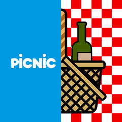 Half picnic basket with bread and a wine bottle - Vector