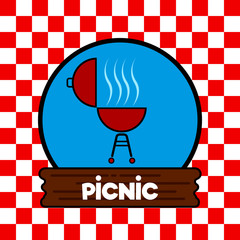 Picnic poster with a label with a barbecue grill - Vector