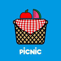 Isolated picnic basket with an apple and a watermelon - Vector