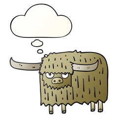 cartoon hairy cow and thought bubble in smooth gradient style