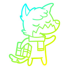 cold gradient line drawing friendly cartoon fox with christmas present