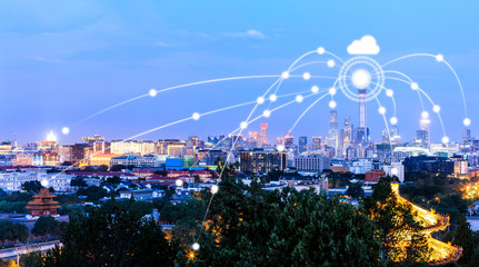 Modern city with wireless network connection concept,Beijing