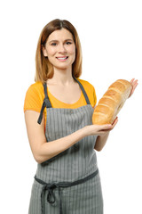 Female baker with bread on white background