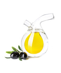 Bottle of tasty olive oil on white background