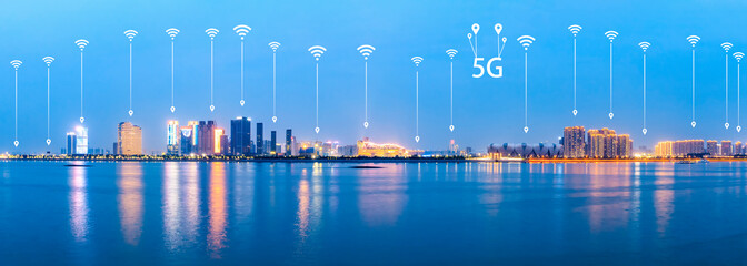 Modern city with wireless network connection concept,Hangzhou