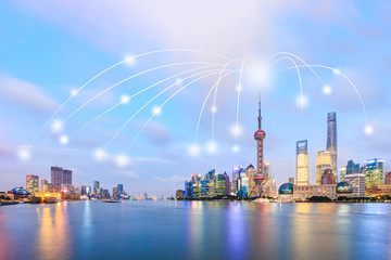 Modern city with wireless network connection concept,Shanghai