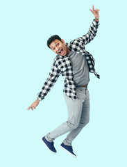 Funny jumping man on color background
