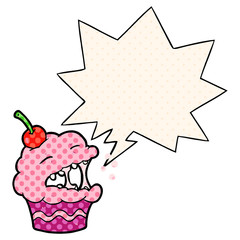 funny cartoon cupcake and speech bubble in comic book style