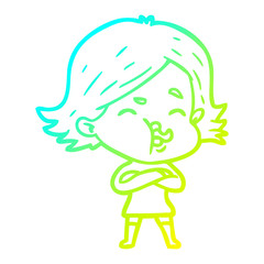 cold gradient line drawing cartoon girl pulling face