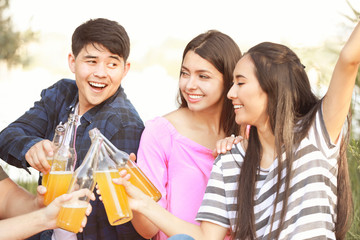 Happy friends on picnic in park