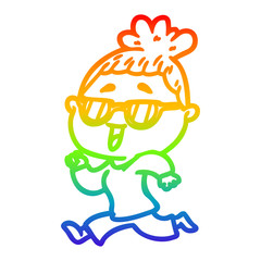 rainbow gradient line drawing cartoon happy woman wearing spectacles