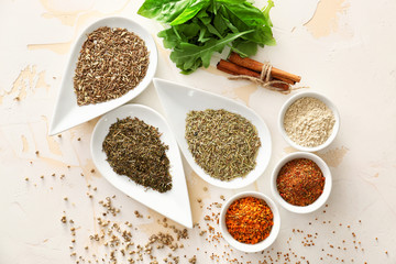 Many different spices on table