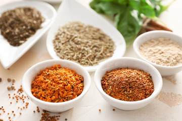 Many different spices on table