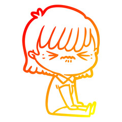 warm gradient line drawing annoyed cartoon girl sitting