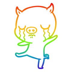 rainbow gradient line drawing cartoon pig crying