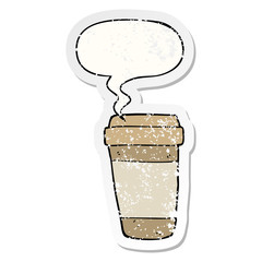 cartoon coffee cup and speech bubble distressed sticker