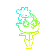 cold gradient line drawing cartoon woman wearing glasses