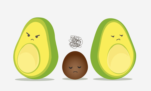 Divorce with children concept vector. Avocado couple and frustrated child.
