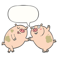 cartoon pigs dancing and speech bubble
