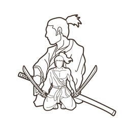Samurai warriors with swords action cartoon graphic vector.
