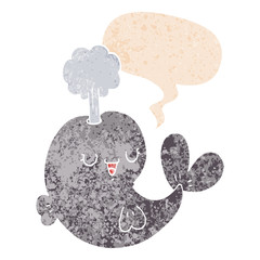 cartoon whale and speech bubble in retro textured style