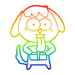 rainbow gradient line drawing cute cartoon dog with christmas present