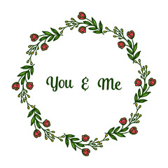 Vector illustration shape of card you and me with various bright red wreath frames