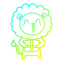 cold gradient line drawing laughing lion cartoon with christmas present