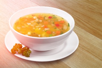 Bowl of vegetables delicious soup, close-up view