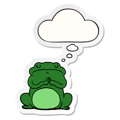 cartoon arrogant frog and thought bubble as a printed sticker