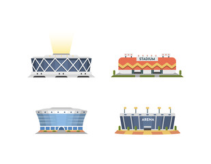 Sport stadium front view vector collection in cartoon style. City arena exterior illustration set.