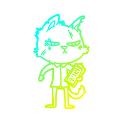 cold gradient line drawing tough cartoon cat with clipboard