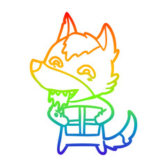 rainbow gradient line drawing cartoon hungry wolf holding christmas present