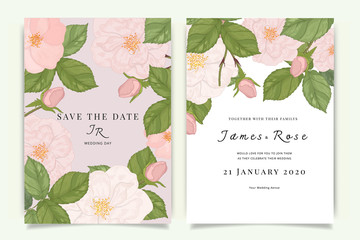 Wedding Invitation, floral invite thank you, rsvp modern card Design in pink rose with leaf greenery  branches decorative Vector elegant rustic template