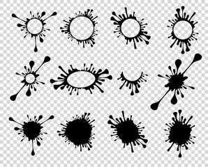 Collection of abstract ink blots, paint, trace from mugs, print or silhouette. Vector design elements, isolated background.