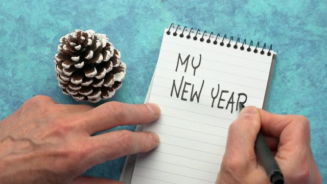 My New Year Goals - Man Hand Writing With A Black Marker In A Notebook, Overhead View