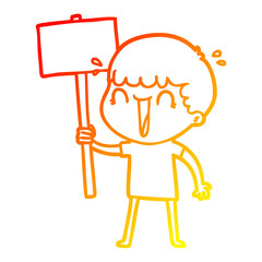 warm gradient line drawing laughing cartoon man waving placard