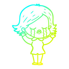 cold gradient line drawing cartoon girl crying