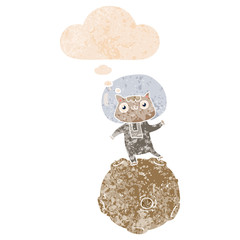 cute cartoon astronaut cat and thought bubble in retro textured style