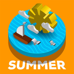 Isolated summer label with a 3d vessel on the ocean - Vector