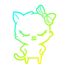 cold gradient line drawing cute cartoon cat with bow