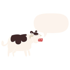 cartoon cow and speech bubble in retro style