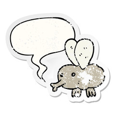 cartoon fly and speech bubble distressed sticker