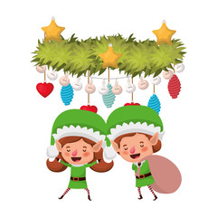 Fototapeta na wymiar elves couple with gift bag and garland with christmas balls
