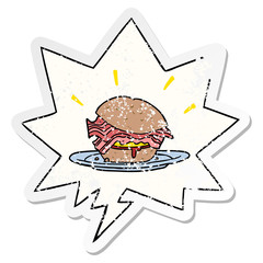 cartoon amazingly tasty bacon breakfast sandwich and cheese and speech bubble distressed sticker