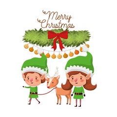 Obraz na płótnie Canvas elves couple with sleigh and merry christmas time